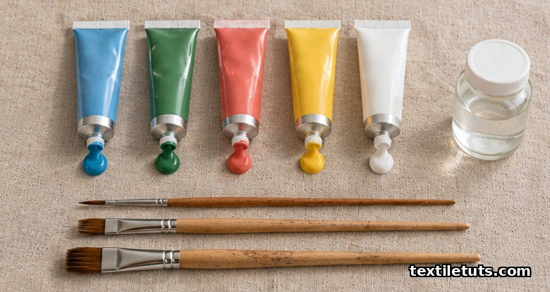 Row of acrylic paint tubes with squeezed paint dollops beside a jar of textile medium on linen