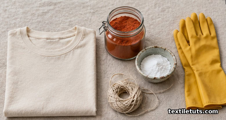 Flat lay of dye supplies including a jar of dye, soda ash, gloves, and a folded shirt.