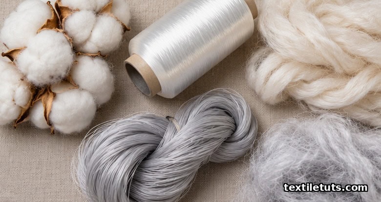 Flat-lay of raw cotton bolls, elastane filament, modal fiber strands, and microfiber nylon threads — the fiber blends used to tune knit underwear comfort.