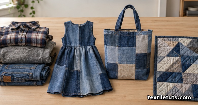 Pre-consumer garments stacked beside finished upcycled products on a cutting table, showing the identity change that defines textile upcycling.