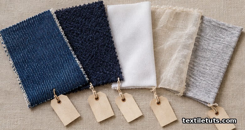 Five textile swatches fanned out on linen — denim twill, woven wool, polyester, silk, and cotton jersey — for fiber upcycling comparison.