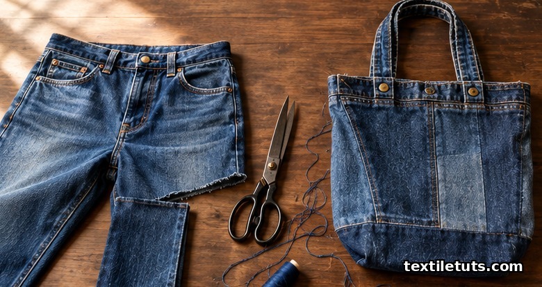 Faded denim jeans flat on a worktable beside a finished upcycled tote bag stitched from the original waistband, illustrating textile upcycling.
