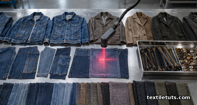 Overhead view of an industrial sorting table grading flattened denim jackets and wool coats under a near-infrared spectroscopy scanner.