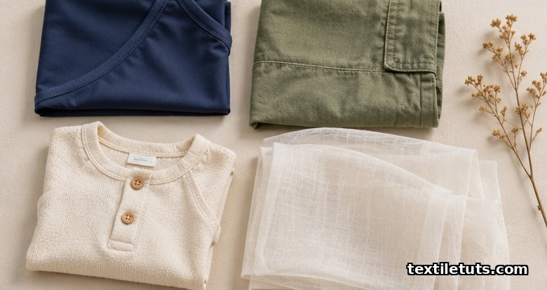 Editorial flat-lay of UPF 50+ fabric swatches for swimwear, outdoor workwear, baby clothing, and curtain applications on a neutral background.