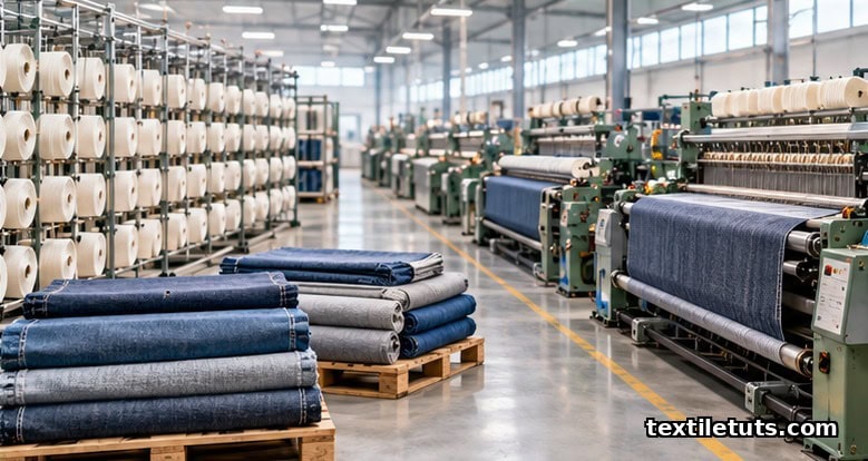 Industrial US textile manufacturing floor with yarn spinning frames and power looms weaving fabric under bright overhead lighting.