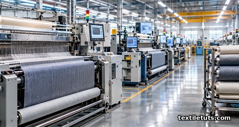 Modern US technical-textile plant interior with automated looms, finished fabric rolls, and quality-control monitors on polished floors.