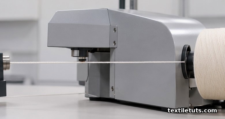 Side view of cotton yarn fed through a capacitive sensing zone on an electronic evenness tester.