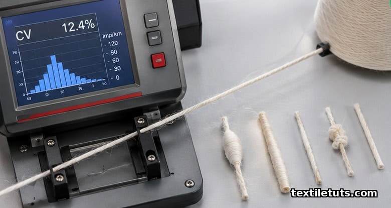 Overhead view of a Uster evenness tester console displaying a CV readout beside a cotton yarn sample and graded slub, thick, thin, and nep segments.