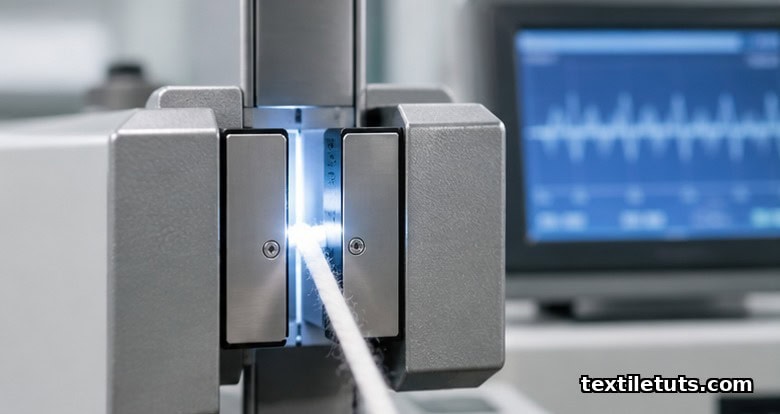 Close-up of a white cotton yarn strand entering the illuminated capacitive measuring slot of an Uster yarn evenness tester in a textile lab.