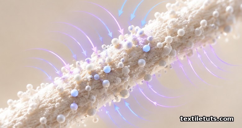 Macro close-up of a cotton fiber dotted with spherical TiO2 and ZnO nanoparticles bonded along its surface.