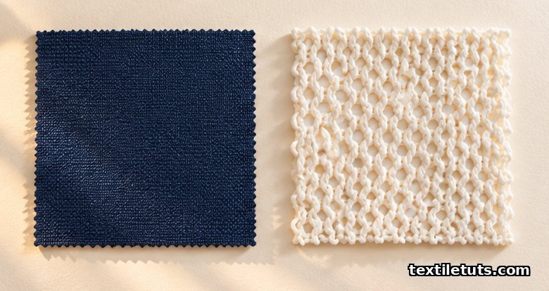 Side-by-side comparison of tightly woven navy polyester and loosely knitted pale cotton swatches under angled sunlight.
