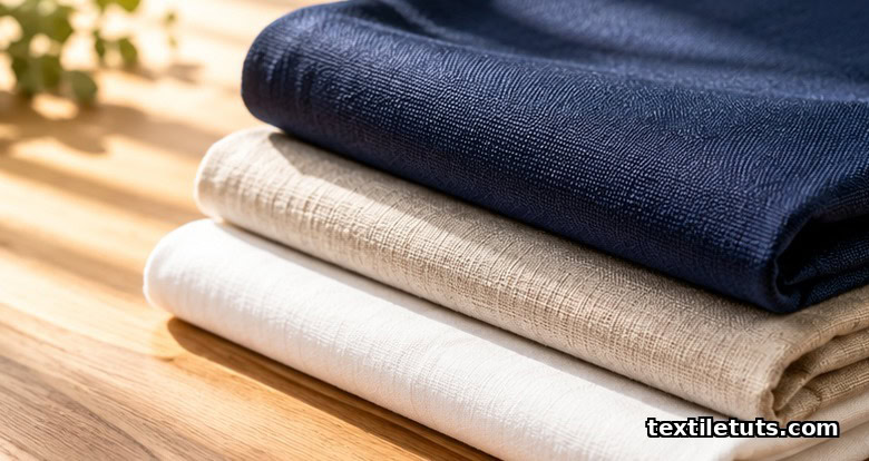 Stack of folded white, beige, and navy UV-protective fabric swatches on a sunlit wooden table.