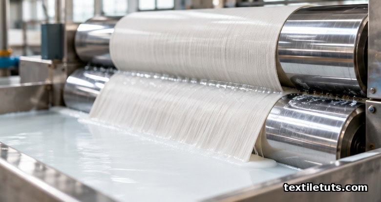 Industrial pad-dry-cure line with pale fabric passing between chrome rollers and a milky finish liquor trough.