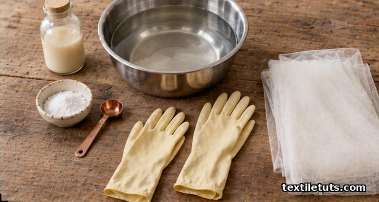Flat-lay arrangement of veil-dyeing essentials on wood: dye bottle, stainless basin, salt, measuring spoon, rubber gloves, and folded white tulle.