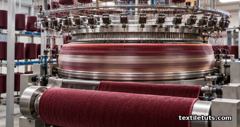 Industrial circular knitting machine producing velour knit with pile yarns floated across the rotating knit cylinder.