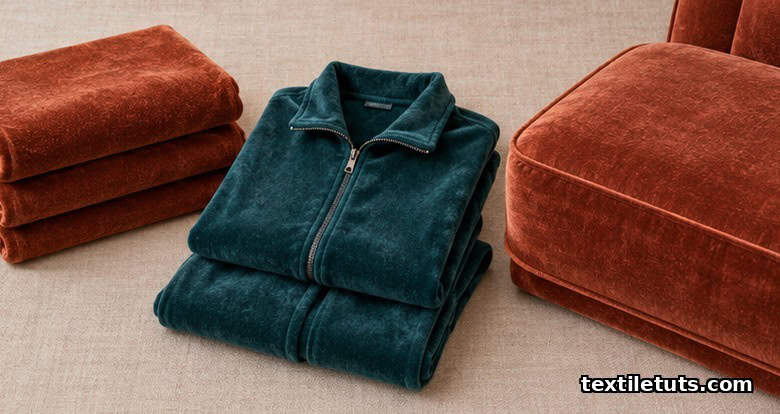Editorial flat-lay of velour knit yardage, a teal tracksuit, and an upholstered cushion panel showing common fabric uses.