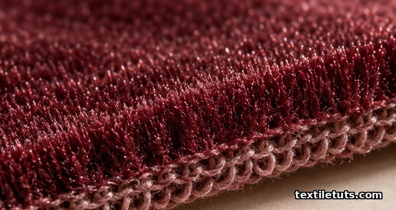 Extreme macro of velour knit showing dense upright cut pile above the looped weft-knit ground structure at a torn edge.
