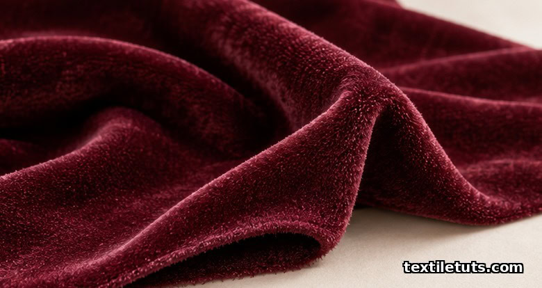 Studio close-up of plush velour knit fabric in deep burgundy with upright cut pile and soft sheen, draped in sculptural folds.