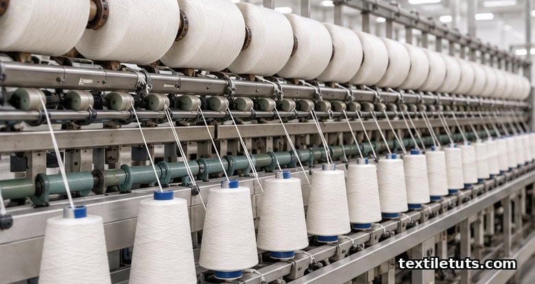 Ring spinning frame with viscose roving bobbins feeding drafting rollers on a cotton system.