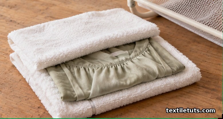 Viscose garment laid flat on wood surface being gently pressed between white cotton towels to absorb water