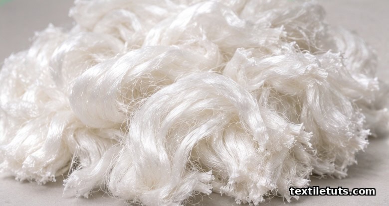 Close-up of soft white viscose staple fibers showing crimped regenerated cellulose filaments.