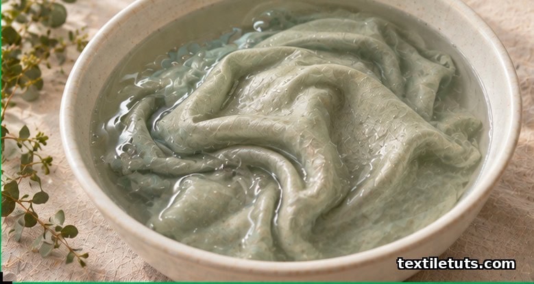 Pale sage viscose fabric submerged in clear water inside a white bowl, visibly absorbing moisture
