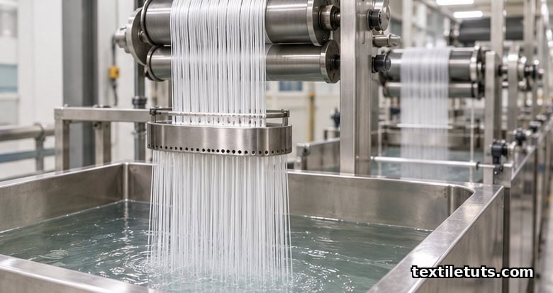 Viscose wet-spinning line with a multi-hole spinneret extruding cellulose filaments into an acid bath.