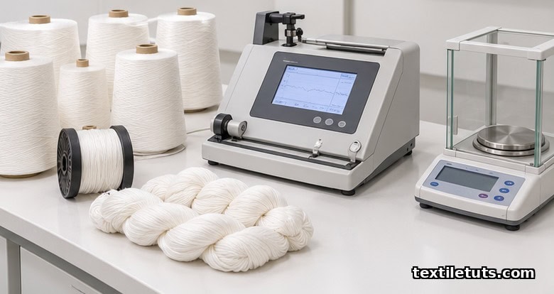 Quality control laboratory bench with viscose yarn packages, skeins, and an evenness tester.