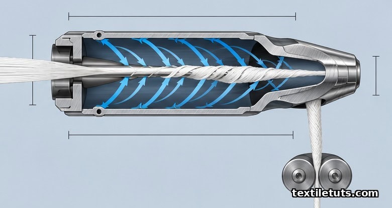 Cutaway diagram of a vortex spinning nozzle showing a central stationary needle, six tangential air jets, and helical airflow wrapping trailing fibers.