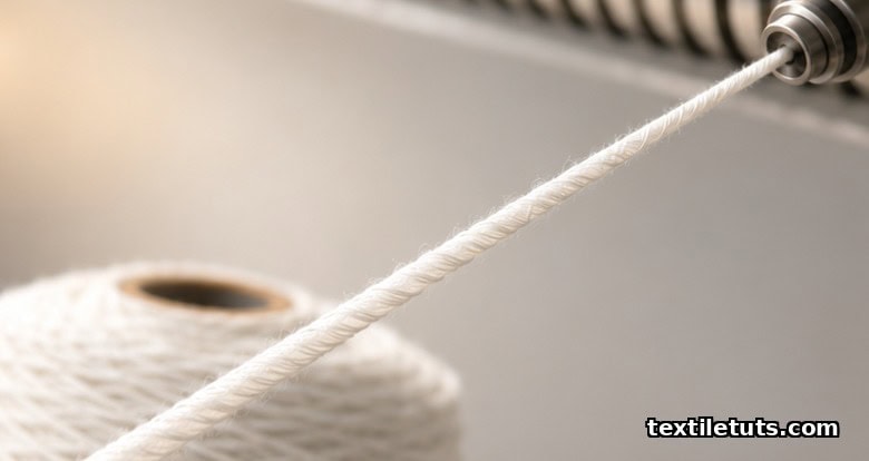 Close-up of white cotton vortex-spun yarn showing helical wrapper fibers wrapped tightly around a parallel core, descending from a nozzle to a yarn package.