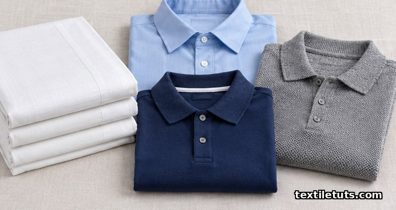 Folded vortex-spun textile end products on a linen surface: white woven sheets, a pale-blue dress shirt, a navy school polo, and a grey knit polo.