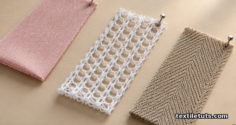 Close-up of three warp knit fabric samples showing tricot fine vertical wales, raschel open net mesh, and milanese diagonal pattern.