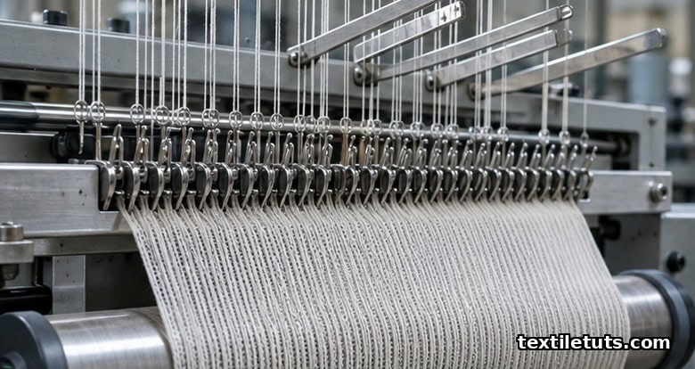 Side view of a warp-knitting machine with vertical warp yarns, angled guide bars, bearded needles, and fine tricot fabric rolling onto a take-up roller.