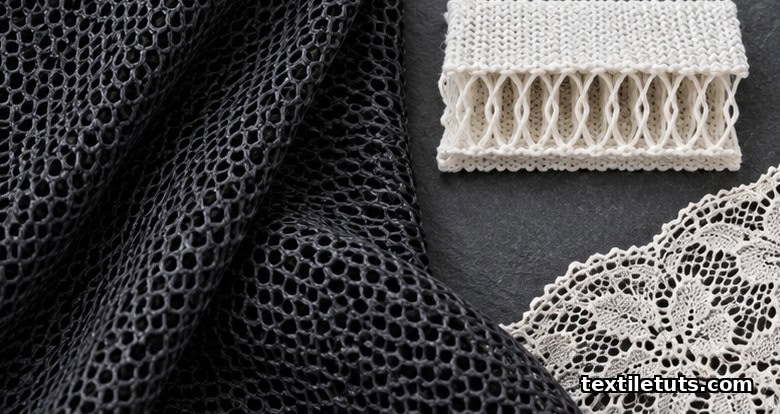 Close-up of black warp-knit tricot mesh, a white spacer fabric swatch, and a Raschel lace fragment showing technical knit structures.