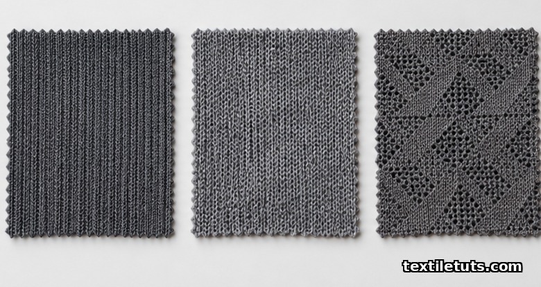 Three flat-laid knit swatches comparing warp-knit tricot, weft-knit single jersey, and double-knit jacquard structures.