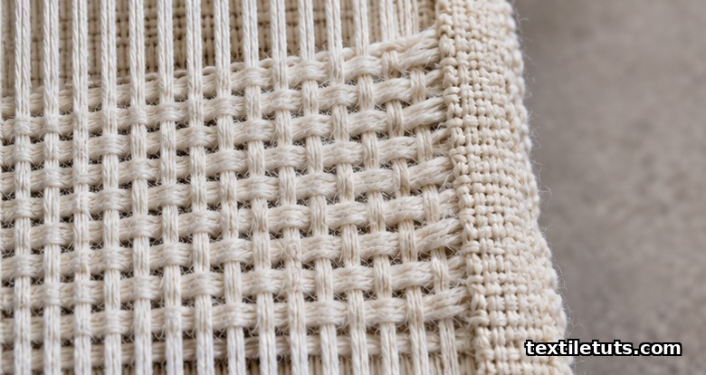 Macro close-up of woven fabric showing taut lengthwise warp yarns and softer crosswise weft picks beside the selvage.