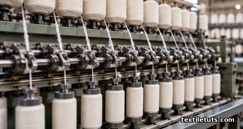 Ring spinning frame drafting cotton roving into fine warp yarns, with creel bobbins feeding the drafting zone.