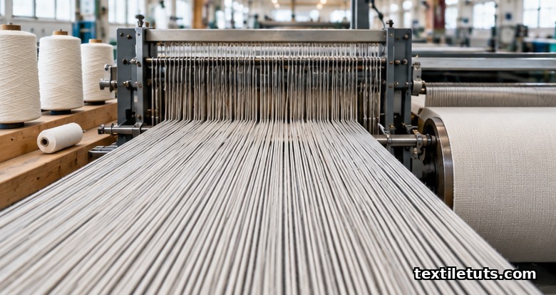 Power loom with parallel warp yarns on the beam, heddles, reed, and woven cloth on the take-up roller in a textile mill.