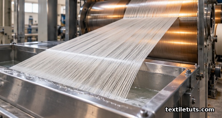 Warp sizing machine passing parallel cotton yarns through a size trough and across steam-heated drying cylinders.