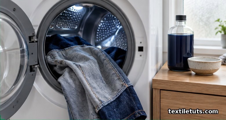 Inside-out denim jeans being loaded into a front-loading washing machine with dark liquid detergent, demonstrating cold-water wash setup.