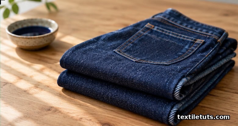 Folded indigo denim jeans on a wood surface with a small dish of dark detergent, illustrating a guide to washing denim without fading.