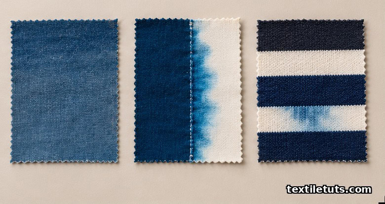Three post-wash fabric samples showing shade fading, dye bleeding onto adjacent fabric, and cross-staining between stripes.