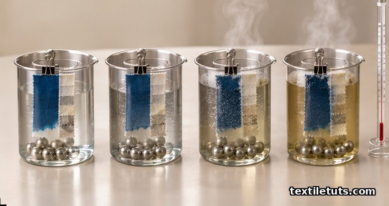 Four beakers at progressively warmer temperatures with fabric specimens and steel balls illustrating ISO wash test conditions.