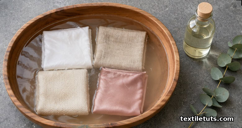 Wooden basin holding folded cotton, linen, wool, and silk fabric bundles in clear water beside detergent bottle