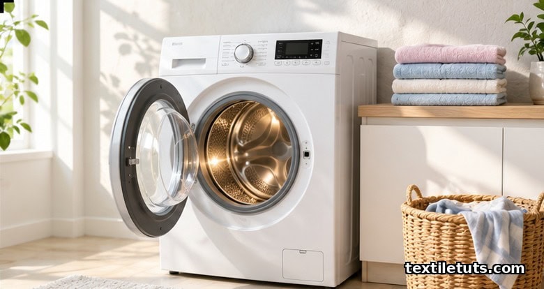 Modern white washing machine with door ajar in sunlit laundry room beside folded pastel towels on wooden counter.