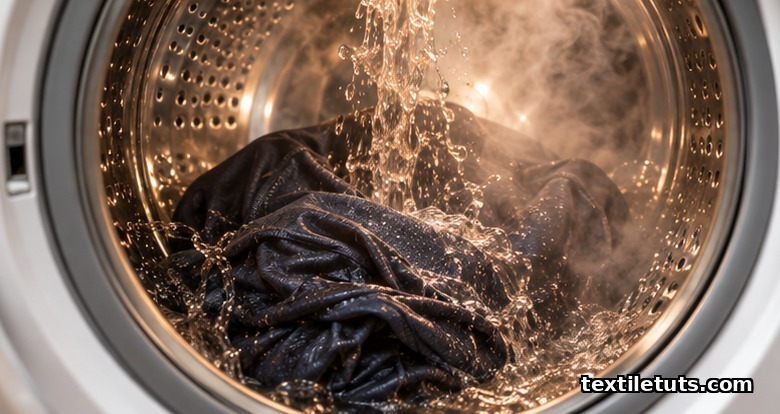 Front-loading washing machine drum interior during a hot cycle with warm water and steam sanitizing dark activewear.