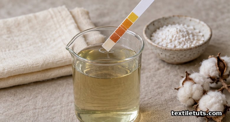 Water hardness test strip turning orange over a glass beaker with calcium carbonate granules and unbleached muslin