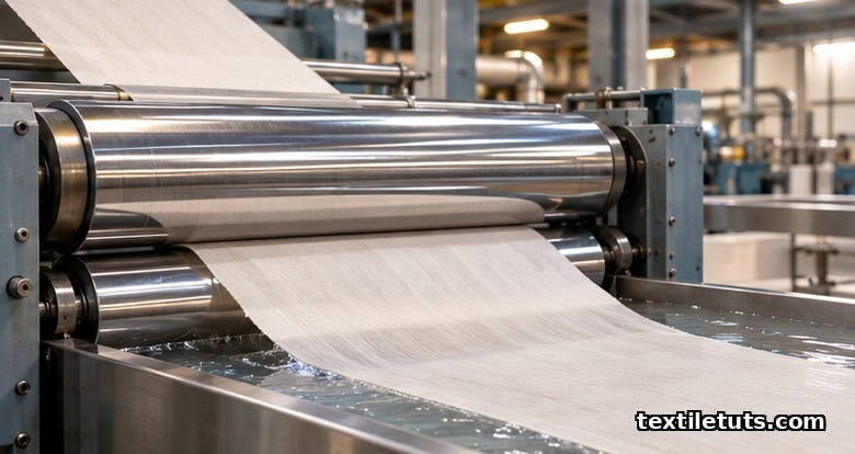 Industrial padding mangle with two chrome rollers pressing a continuous sheet of fabric through a trough of finishing liquid in a textile mill.
