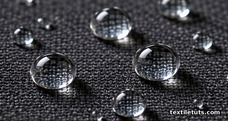 Macro close-up of nearly-spherical water droplets beading on a dark woven technical fabric, showing a high contact angle.