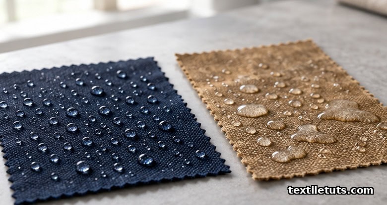 Two fabric swatches side by side: dark fluorocarbon-treated polyester with tightly beaded water droplets next to tan waxed cotton with flatter droplets.